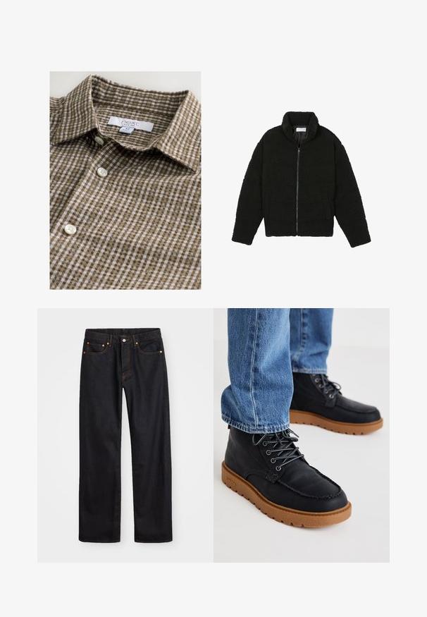 Juoda dirbtinė kailio striukė su aukštu apykakle, užtrauktuku, elastingomis rankovėmis ir siuvinėtu raštu. Su šoninėmis kišenėmis ir švelnia tekstūra.; Rudas languotas marškiniai su mygtukais, pagaminti iš minkštos tekstūros audinio. Sukurta klasikinė apykaklė ir balti mygtukai. Matoma etiketė.; Vyrų tiesaus kirpimo juodi džinsai iš denim medžiagos, su penkiomis kišenėmis ir oranžinėmis siūlėmis, su mygtuko ir užtrauktuko uždarymu ant priekio.; Juodi odiniai batai su tekstūruota paviršiumi, kontrastinga ruda gumine pakylimu ir pilkais raišteliais; dėvimi su mėlynomis džinsinėmis kelnėmis.
