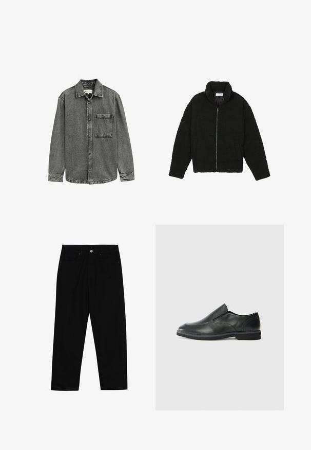Čierna umelá kožušinová bunda s vysokým golierom, zipsom, elastickými manžetami a prešívaným dizajnom. Má bočné vrecká a jemnú textúru.; Šedá denimová košeľa s špicatým golierom, zapínaním na gombíky a jednou náprsníkovou vreckom. Obsahuje vybledlú textúru a šité akcenty pozdĺž švov.; Čierne denimmové nohavice s rovný strihom, dizajnom s piatimi vreckami a upínaním na prednej strane. Hladká textúra s minimálnymi detailmi šitia.; Čierny kožený nazúvací topánka s hladkým zvrškom, prešitými akcentmi, zaoblenou špičkou a nízkym gumovým podpätkom. Podošva má minimálny dezén.