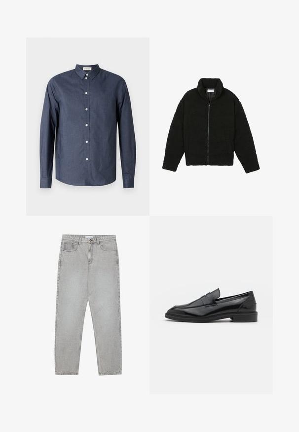 Must must karusnahast jakk kõrge kraega, lukuga sulgemine, elastsed varrukad ja tikandmuster. Omab küljetaskuid ja pehmet tekstuuri.; Tumesinine pika varrukaga nööpidega särk, mis on valmistatud siledast kangast; roovib klassikaline krae, valged nööbid ja kumer hemline.; Heledad hallide denimpüksid otse säärekujundusega, viie-taskulise stiliseerimise ja nupukinnitusega. Nähtav õmblus kõrvuti.; Mustad nahast loafers, millel on sile viimistlus, ümar varvas ja kitsas riba peal. Madal kühveldatud konts.