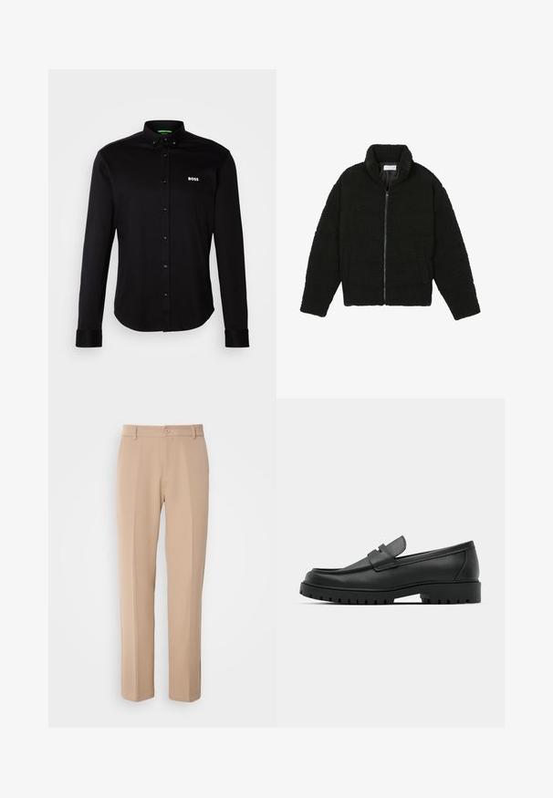 Zwarte faux fur jas met een hoge kraag, ritssluiting, elastische manchetten en een doorgestikt ontwerp. Beschikt over zijzakken en een zachte textuur.; Zwarte langekoshooghemd gemaakt van katoen, met een button-down kraag, zwarte knopen en een klein wit "BOSS" logo op de borst.; Beige broek gemaakt van gladde stof, met een rechte pasvorm, een sluiting met een knoop aan de voorkant en subtiele plis details aan de voorkant.; Zwarte leren instappers met een ronde neus, voorzien van een gestikt ontwerp, een lage platformzool en een gestructureerde, grof rubberen buitenzool.