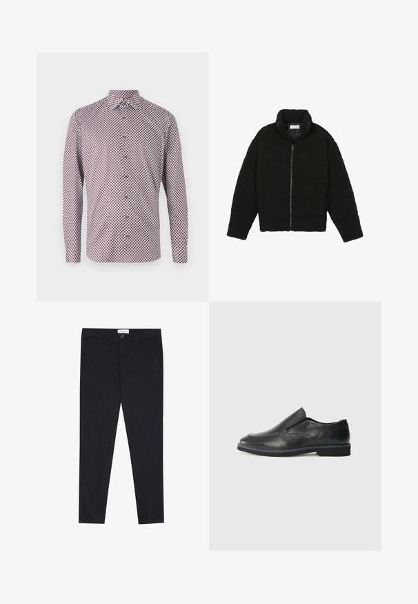 Črna jakna iz umetnega krzna z visokim ovratnikom, z zadrgo, elastičnimi manšetami in kviltanim dizajnom. Ima stranske žepke in mehak tekstur.; Srajca z dolgimi rokavi in gumbom v belem z rdečim in mornarsko modrim geometrijskim vzorcem. Ima ovratnik, manšete in ravno kroj.; Črne hlače s ravnim krojem, izdelane iz bombažne tkanine. Imajo dva sprednja žepa in gumb za zapiranje v pasu.; Črne usnjene natikače z gladkim zgornjim delom, prišitimi detajli, zaobljenim nosom in nizkim gumijastim petkom. Podplat ima minimalen profil.
