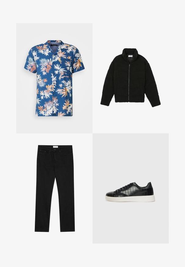 Giacca in pelliccia sintetica nera con colletto alto, chiusura con zip, polsini elasticizzati e design trapuntato. Presenta tasche laterali e una consistenza morbida.; Camicia a maniche corte con bottoni di colore blu navy, decorata con un motivo di foglie tropicali multicolori. Presenta una tasca sul petto, un tessuto leggero e una vestibilità comoda.; Jeans neri a gamba dritta con design a cinque tasche, chiusura con bottone e zip, e etichetta del marchio Pier One sulla cintura.; Sneaker nere con una toma superiore in pelle con effetto croc embossato, punta rotonda e suola in gomma bianca a contrasto con una finitura liscia.