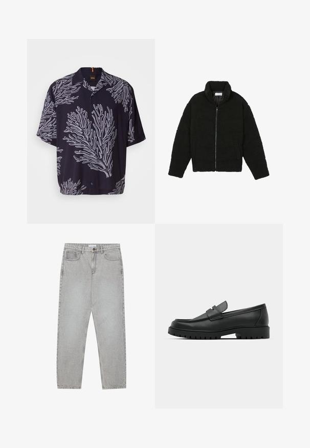 Črna jakna iz umetnega krzna z visokim ovratnikom, z zadrgo, elastičnimi manšetami in kviltanim dizajnom. Ima stranske žepke in mehak tekstur.; Majica s kratkimi rokavi črne barve z belimi koraljnimi vzorci, z gumbom na sprednji strani in s koničastim ovratnikom. Mehak material z udobnim krojem.; Svetlo sivi traper hlače s ravnim krojem, pet žepov in gumbom za zapiranje. Vidno šivanje ob šivih.; Črne usnjene loafers čevlje z zaobljenim nosom, ki imajo šivano zasnovo, nizko platformo in teksturiran, profiliran gumijast podplat.