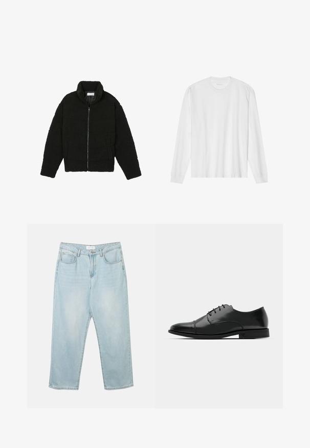 Črna jakna iz umetnega krzna z visokim ovratnikom, z zadrgo, elastičnimi manšetami in kviltanim dizajnom. Ima stranske žepke in mehak tekstur.; Bela bombažna majica z dolgimi rokavi in posadnim izrezom ter rebrastimi manšetami. Preprost, neokrašen dizajn, ki se ponaša z gladko teksturo in standardnim krojem.; Svijetloplave traperice s ležernim krojem, pet džepova, zatvaranje na dugme i suptilno istrošenje. Tekstura je glatka i blago nošena.; Črne usnjene moške čevlje z zaobljenim nosom, s sistemom vezalk, diskretnimi šivi in nizkih petah. Gladka tekstura s sijočim zaključkom.