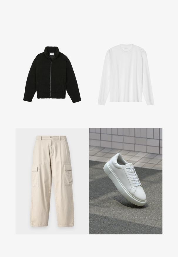 Črna jakna iz umetnega krzna z visokim ovratnikom, z zadrgo, elastičnimi manšetami in kviltanim dizajnom. Ima stranske žepke in mehak tekstur.; Bela bombažna majica z dolgimi rokavi in posadnim izrezom ter rebrastimi manšetami. Preprost, neokrašen dizajn, ki se ponaša z gladko teksturo in standardnim krojem.; Bež kargo hlače iz bombaža, ki imajo stranske žepke, ravne hlačnice, zapiranje na gumb in mehak, teksturiran material.; Bela usnjena teniska obutev z gladko površino, okroglo konico in ravnimi belimi vezalkami. Ima teksturiran gumijast podplat in minimalne oblikovalske elemente.