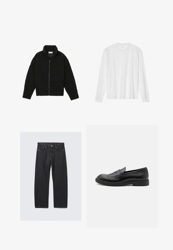Veste en fausse fourrure noire avec un col haut, fermeture éclair, poignets élastiques et un design matelassé. Elle possède des poches latérales et une texture douce.; T-shirt en coton blanc à manches longues avec un col rond et des poignets côtelés. Design simple et sans ornements, avec une texture lisse et une coupe standard.; Jeans en denim noir avec une coupe droite, un design à cinq poches et des accents en métal. Tissu texturé avec une finition classique.; Mocassins en cuir noir avec un bout arrondi, des détails cousus et une semelle en caoutchouc basse. Texture lisse, design minimaliste et style à enfiler.