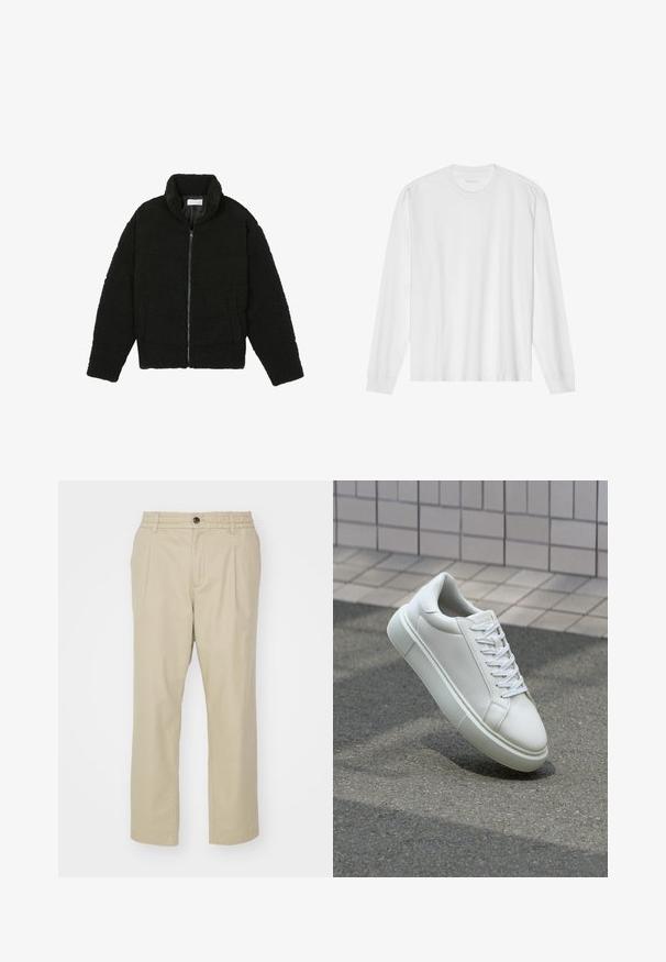 Czarna kurtka z faux futra z wysokim kołnierzem, zapięciem na zamek, elastycznymi mankietami i pikowanym wzorem. Posiada boczne kieszenie i miękką fakturę.; Biała bawełniana koszulka z długim rękawem z okrągłym dekoltem i ściągaczami. Prosty, nieozdobny design, charakteryzujący się gładką fakturą i standardowym krojem.; Jack & Jones JPSTKARL JJLAWRENCE beżowy; Białe skórzane trampki z gładką powierzchnią, okrągłym noskiem i płaskimi białymi sznurowadłami. Posiadają teksturowaną gumową podeszwę oraz minimalistyczne elementy projektowe.