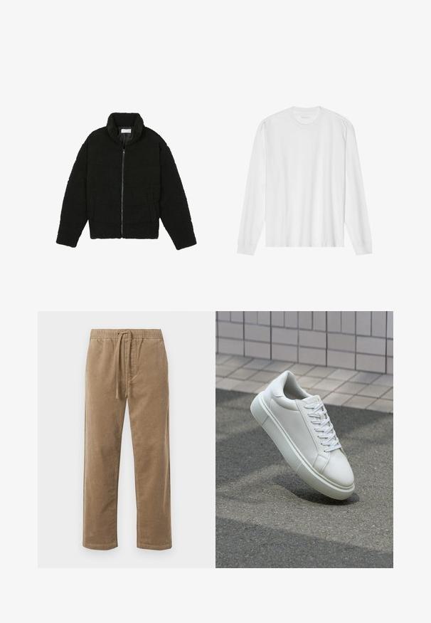 Veste en fausse fourrure noire avec un col haut, fermeture éclair, poignets élastiques et un design matelassé. Elle possède des poches latérales et une texture douce.; T-shirt en coton blanc à manches longues avec un col rond et des poignets côtelés. Design simple et sans ornements, avec une texture lisse et une coupe standard.; Pantalon en velours côtelé brun avec taille élastique et cordon de serrage, offrant une coupe décontractée et des jambes droites, surface texturée avec un motif côtelé.; Baskets en cuir blanc avec une surface lisse, bout rond et lacets plats blancs. Présentent une semelle en caoutchouc texturée et des éléments de design minimalistes.
