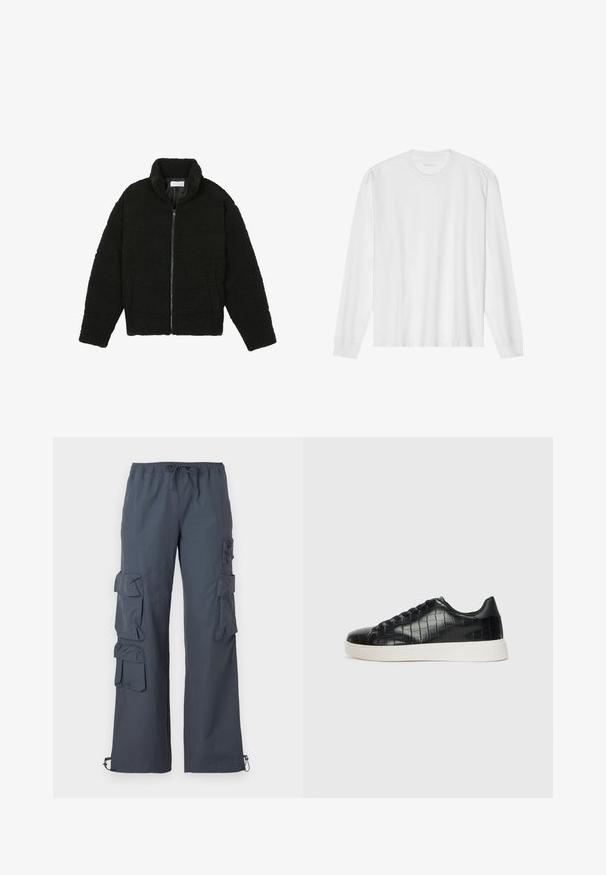 Veste en fausse fourrure noire avec un col haut, fermeture éclair, poignets élastiques et un design matelassé. Elle possède des poches latérales et une texture douce.; T-shirt en coton blanc à manches longues avec un col rond et des poignets côtelés. Design simple et sans ornements, avec une texture lisse et une coupe standard.; Pantalons cargo gris foncé avec une taille élastique, plusieurs grandes poches sur les côtés et des poignets ajustables aux chevilles.; Baskets noires avec un dessus en cuir gaufré effet crocodile, bout rond et semelle en caoutchouc blanc contrastant avec une finition lisse.