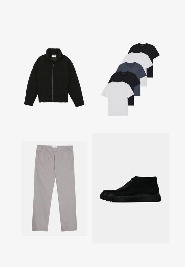 Melnā mākslīgā kažokādas jaka ar augstu apkakli, ar rāvējslēdzēju, elastīgām piedurknēm un kvadrātveida šuvēm. Iespējotas sānu kabatas un mīksta tekstūra.; Piecu T-kreklu komplekts melnā, baltā un tumši zilā krāsā. kokvilnas audums, īsas piedurknes, apļveida kakla dizains un vienkārša faktūra bez rakstiem.; Gaiši pelēkas kokvilnas bikses ar elastīgu jostu, divām sānu kabatām, taisnu kāju dizainu un gludu tekstūru. Vienkārša šuvēšana.; Melnas potītes, izgatavotas no mīksta materiāla, ar noapaļotu purngalu, minimālu šņorēšanu un teksturētu gumijas zoli ar vertikālām rievām.