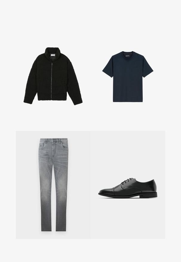Czarna kurtka z faux futra z wysokim kołnierzem, zapięciem na zamek, elastycznymi mankietami i pikowanym wzorem. Posiada boczne kieszenie i miękką fakturę.; Granatowa koszulka wykonana z miękkiej bawełny, z okrągłym dekoltem, krótkimi rękawami i subtelnym logo z przodu. Bezszwowy design.; Szare dżinsy z wytartym wzorem, pięcioma kieszeniami, zapięciem na guzik i prostym krojem nogawek. Gładka tekstura z niewielkim zużyciem na brzegach.; Czarne skórzane buty do garnituru z okrągłym noskiem, sznurowanym zapięciem, subtelnymi detalami przeszycia oraz niskim obcasem. Gładka faktura z polerowanym wykończeniem.