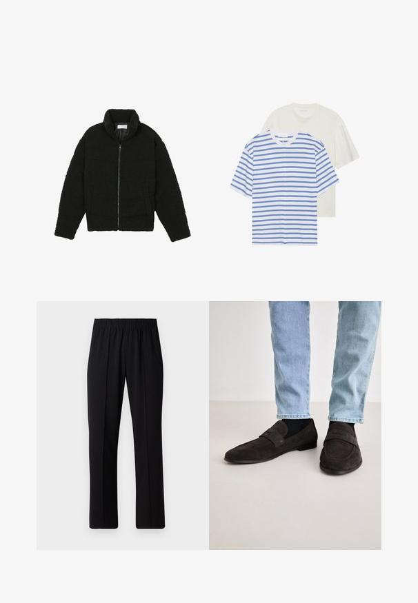 Schwarze Kunstpelzjacke mit hohem Kragen, Reißverschluss, elastischen Bündchen und gestepptem Design. Verfügt über seitliche Taschen und eine weiche Textur.; Zwei kurzärmlige T-Shirts: eines weiß mit blauen Streifen und eines in einfarbig hellem Creme. Aus weichem Baumwollmaterial, mit Rundhalsausschnitt und lockerer Passform.; Schwarze, Gummibund-Hosen mit geradem Schnitt, die eine glatte Textur aufweisen und keine sichtbaren Muster oder Beschläge haben.; Dunkelbraune Wildleder-Loafer mit flacher Sohle und einem breiten Riemen über dem Oberteil. Getragen mit hellblauen Jeans und schwarzen Socken.