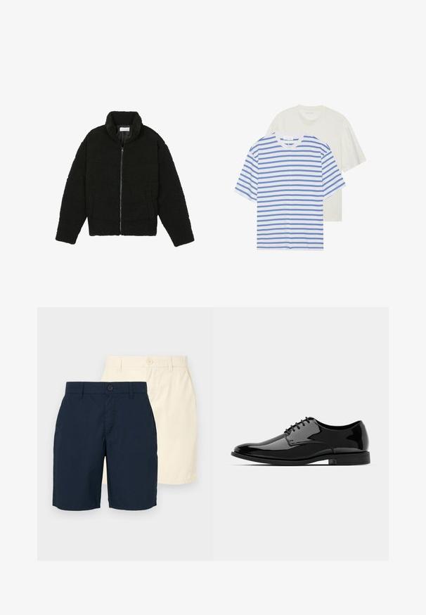 Juoda dirbtinė kailio striukė su aukštu apykakle, užtrauktuku, elastingomis rankovėmis ir siuvinėtu raštu. Su šoninėmis kišenėmis ir švelnia tekstūra.; Du šortų rankovių marškinėliai: vieni balti su mėlynomis juostelėmis, o kiti vientisi šviesiai kreminiai. Minkšta medvilnė, apvalios iškirptės dizainas, laisvas pritaikymas.; Du grupe šortų: vieni tamsiai mėlyni, kiti šviesiai kreminiai. Abu turi tiesų kirpimą, užsegimą mygtuku ir lygų, lengvą audinį.; Juodas lakinės odos suknelės bateliai su apvaliu priekiu, su raišteliais ir lygiu, blizgiu paviršiumi. Turi žemą guminį padas.