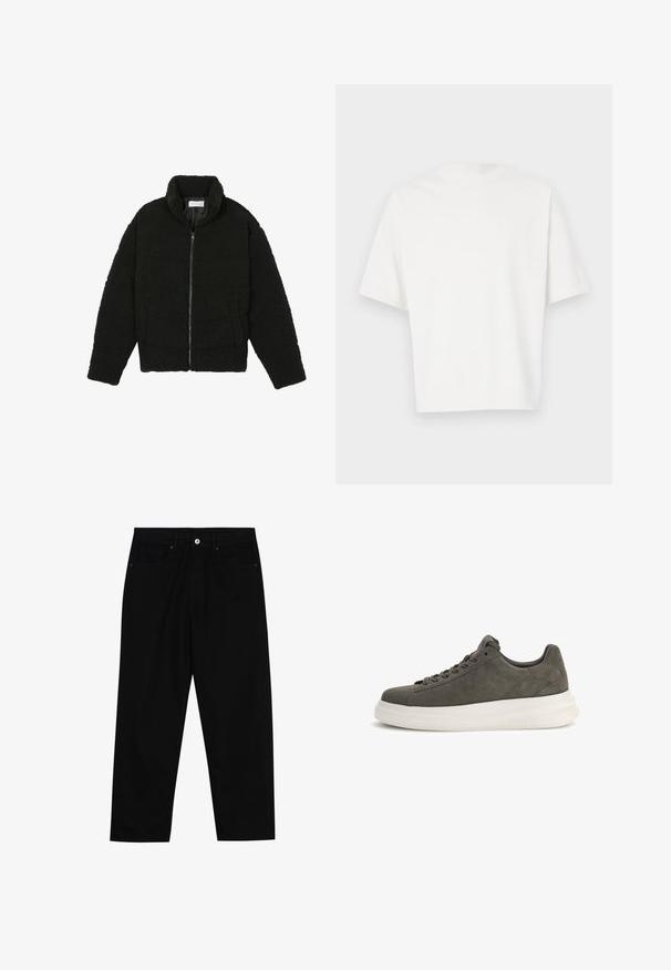 Melnā mākslīgā kažokādas jaka ar augstu apkakli, ar rāvējslēdzēju, elastīgām piedurknēm un kvadrātveida šuvēm. Iespējotas sānu kabatas un mīksta tekstūra.; Balts īsām piedurknēm T-krekls, kas izgatavots no mīkstas auduma. Apaļš kakla izgriezums, brīvs piegriezums un vienkāršs dizains bez rotājumiem vai rakstiem.; Melni džinsi ar taisnu kāju griezumu, piecu kabatu dizainu un priekšēju pogu aizdari. Gluda tekstūra ar minimālu šuvju detaļu skaitu.; Guess ELBA  - Sporta apavi - mehrfarbig grau