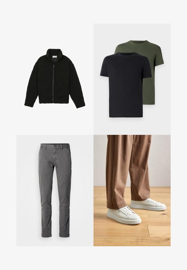 Black faux fur jacket with a high collar, zip closure, elastic cuffs, and a quilted design. Features side pockets and a soft texture.; Two crew-neck t-shirts in black and olive green, made of soft cotton fabric. The design is simple with short sleeves and a straight cut.; Slim-fit gray cotton trousers with a button closure, side pockets, and a smooth texture. Features a classic design and tailored silhouette.; Person wearing white textured low-top sneakers and loose brown pants, standing on light wood floor.