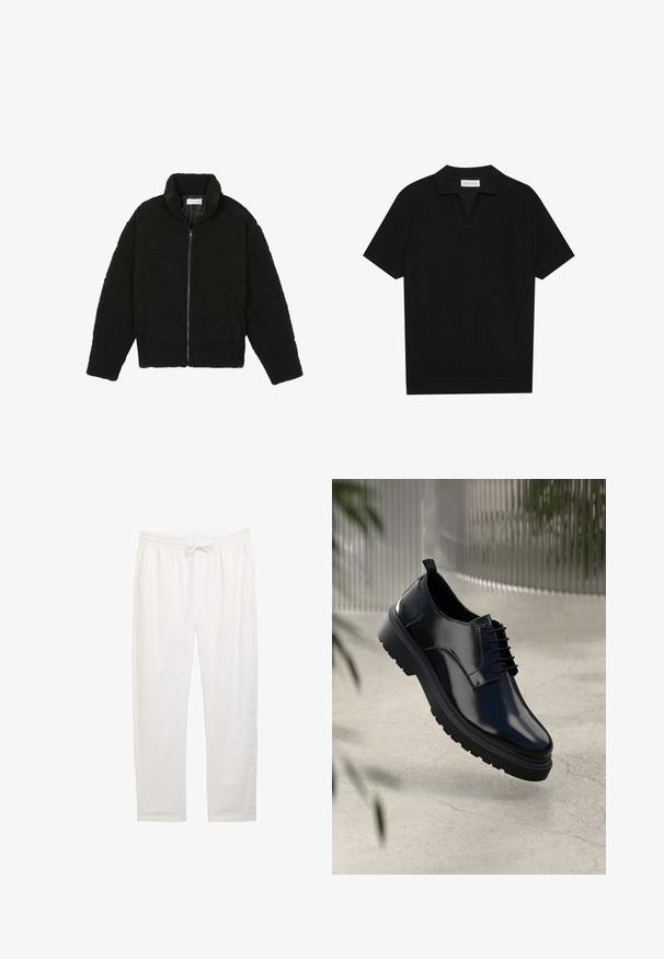 Giacca in pelliccia sintetica nera con colletto alto, chiusura con zip, polsini elasticizzati e design trapuntato. Presenta tasche laterali e una consistenza morbida.; Polo shirt nera a maniche corte in tessuto texturizzato a coste, con scollo a V e orlo dritto. Nessun logo o motivo visibile.; Pantaloni da lounge bianchi, ampi e morbidi, con una vita elastica e cordoncino, dotati di tasche laterali e una texture liscia e soffice.; Scarpa in pelle nera con finitura lucida, punta rotonda, design con lacci, cuciture a contrasto e una spessa suola in gomma con motivi antiscivolo.