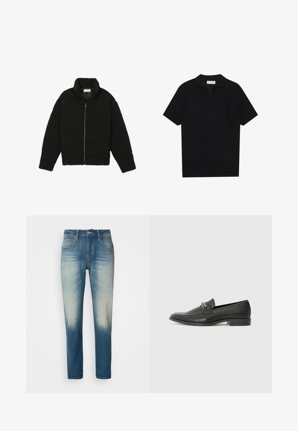 Giacca in pelliccia sintetica nera con colletto alto, chiusura con zip, polsini elasticizzati e design trapuntato. Presenta tasche laterali e una consistenza morbida.; Polo shirt nera a maniche corte in tessuto texturizzato a coste, con scollo a V e orlo dritto. Nessun logo o motivo visibile.; Jeans in denim azzurro chiaro con una finitura sbiadita, cinque tasche, chiusura a bottone, design a gamba dritta e dettagli di cucitura a contrasto.; Mocassino in pelle nera con finitura liscia, caratterizzato da un design cucito e da un accento decorativo in catena metallica sul vamp. Tacco piatto.