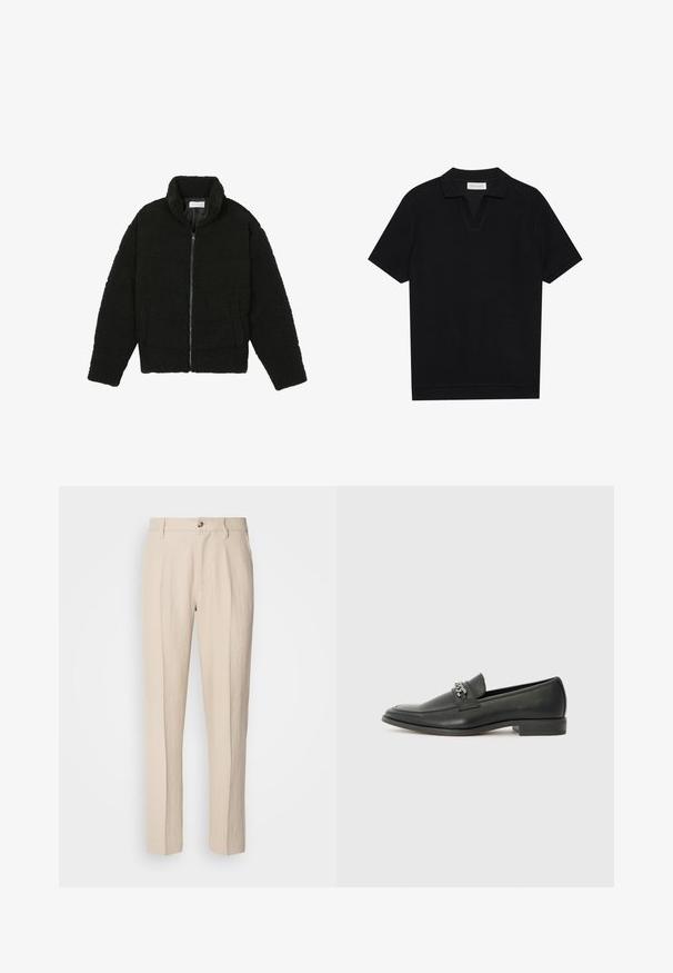 Black faux fur jacket with a high collar, zip closure, elastic cuffs, and a quilted design. Features side pockets and a soft texture.; Black short-sleeve polo shirt with a textured, ribbed fabric, featuring a v-neckline and a straight hem. No visible logos or patterns.; Beige, tailored trousers made of lightweight fabric, featuring a straight fit, two front pockets, and a single button closure.; Black leather loafer with a smooth finish, featuring a stitched design and a decorative metal chain accent across the vamp. Flat heel.