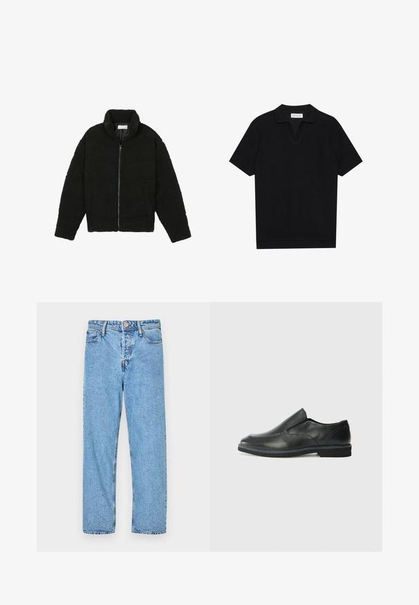 Jachetă din blană sintetică neagră, cu guler înalt, închidere cu fermoar, manșete elastice și un design matlasat. Dispune de buzunare laterale și o textură moale.; Tricou polo negru cu mânecă scurtă, dintr-un material texturat, cu un decolteu în formă de V și un tiv drept. Fără logo-uri sau modele vizibile.; Jeans din denim de un albastru deschis, cu un design drept, stil cu cinci buzunare, cusături vizibile și închidere prin buton și fermoar.; Pantof de piele neagră, tip slip-on, cu un superior neted, accente cusute, vârf rotunjit și un toc jos din cauciuc. Talpa are un profil minim de aderență.