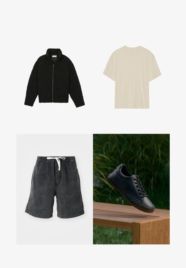 Must must karusnahast jakk kõrge kraega, lukuga sulgemine, elastsed varrukad ja tikandmuster. Omab küljetaskuid ja pehmet tekstuuri.; Kreemi tooni lühikese varrukaga T-särk, mis sisaldab õrna triibulist tekstuuri ja ümardatud kaelust, valmistatud kergest kangast.; Tumedast hallid ribitud korduroy lühikesed püksid. Omavad elastset vöökoht, millel on valge pael. Igapäevane disain sobib sooja ilma jaoks.; Must have musta sneakers sile nahka, sujuva tekstuuriga, ümmargune varvas ja lamedad paelad, asetatud puidust pinnale koos rohelise rohuga taustal.