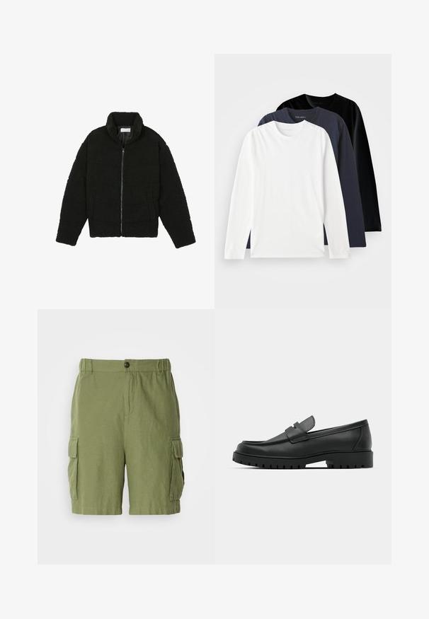 Chaqueta de pelaje sintético negro con cuello alto, cierre de cremallera, puños elásticos y un diseño acolchado. Cuenta con bolsillos laterales y una textura suave.; Tres camisetas de manga larga apiladas: una blanca, una azul marino oscuro y una negra. Hechas de algodón suave, con cuellos redondos y aberturas laterales.; Pantalones cortos de carga verdes con un corte relajado, hechos de tejido ligero. Presentan bolsillos laterales y un cierre frontal con botón.; Mocasines de cuero negro con punta redonda, que cuentan con un diseño cosido, suela de plataforma baja y una suela de goma texturada y con tacos.