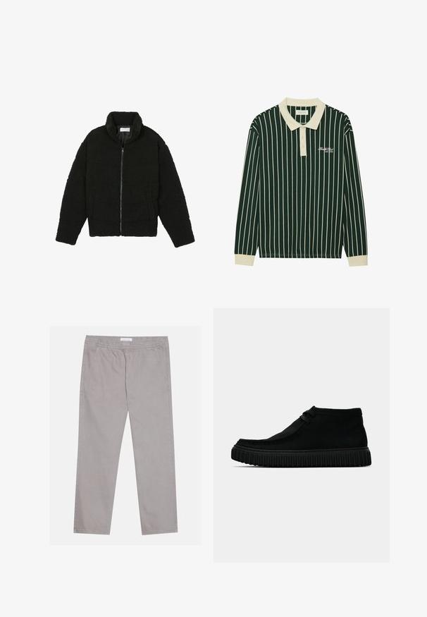 Chaqueta de pelaje sintético negro con cuello alto, cierre de cremallera, puños elásticos y un diseño acolchado. Cuenta con bolsillos laterales y una textura suave.; Camisa polo de manga larga en verde oscuro con rayas verticales blancas. Presenta un cuello beige, tapeta de tres botones y logo bordado.; Pantalones de algodón gris claro con cinturilla elástica, dos bolsillos laterales, diseño de pierna recta y textura suave. Detalle de costura simple.; Botas negras hasta el tobillo hechas de material suave, con punta redondeada, minimalismo en el cordaje y una suela de goma texturizada con surcos verticales.