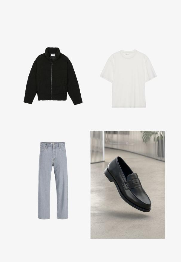 Casaco de pelo sintético preto com gola alta, fecho de zip, punhos elásticos e um design acolchoado. Apresenta bolsos laterais e uma textura suave.; T-shirt branca em algodão com mangas curtas, decote redondo e detalhe de costura em contraste à volta do decote e das mangas.; Jeans de denim azul claro com um corte relaxado, design de perna reta, costura visível, dois bolsos frontais e fecho de botão.; Sapato mocassim preto em couro com textura lisa, biqueira pontiaguda e uma tira decorativa transversal no peito do pé. Sola leve, design minimalista.