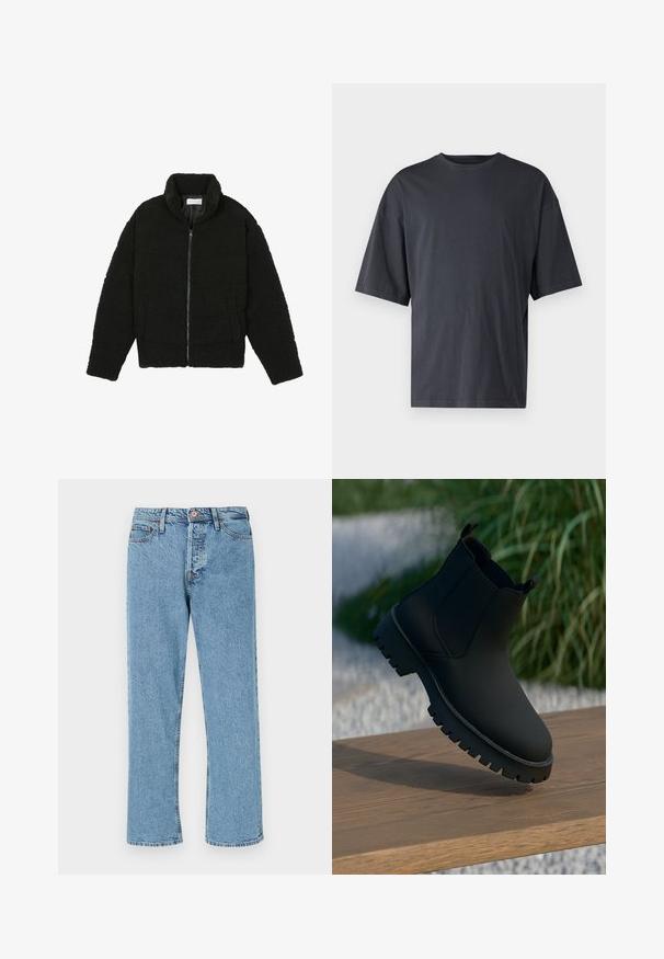 Μαύρη ψεύτικη γούνα τζάκετ με ψηλό γιακά, φερμουάρ, ελαστικούς καρπούς και σχεδίαση με κουβέρτα. Περιλαμβάνει πλαϊνές τσέπες και μαλακή υφή.; Σκούρο γκρι κοντομάνικο T-shirt από ελαφρύ βαμβάκι, με άνετη εφαρμογή και κλασικό στρογγυλό λαιμό, με λεία υφή και χωρίς σχέδια.; Ανοιχτό μπλε τζιν παντελόνι ίσιας γραμμής με μπροστινό κουμπί, φερμουάρ και πέντε τσέπες σε λευκό φόντο.; Μαύρο μποτάκι μέχρι τον αστράγαλο με λείο φινίρισμα, ελαστικές πλαϊνές πάνες και χοντρή, ανθεκτική σόλα. Τοποθετημένο σε φυσικό φόντο πάνω σε ξύλινη επιφάνεια.