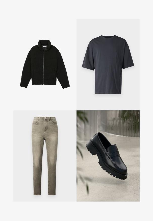 Casaco de pelo sintético preto com gola alta, fecho de zip, punhos elásticos e um design acolchoado. Apresenta bolsos laterais e uma textura suave.; T-shirt de manga curta, cinza escuro, feita de algodão leve, com um corte solto e decote redondo clássico, com textura lisa e sem padrões.; Jeans cinzentos de cintura alta em tecido de denim, com fecho de botão, cinco bolsos e um design slim-fit com desbotamento sutil.; Mocassins de couro preto com sola de rasto espesso, apresentando uma tira decorativa e detalhes de costura. Textura suave com um acabamento polido.
