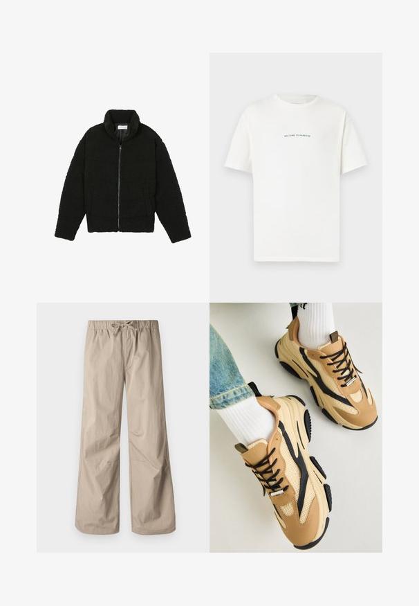 Svart fuskepelsjakke med høy krage, glidelås, elastiske mansjetter og quiltet design. Har sidelommer og en myk tekstur.; Hvit bomull t-skjorte med korte ermer og rund hals. Midt på t-skjorten står teksten "VELKOMMEN TIL PARADIS" i en buet grønn skrift.; Beige vide bukser med elastisk talje og snøre. Glat tekstur, to sidelommer og minimale syninger for en afslappet pasform.; Steve Madden POSSESS - Joggesko - khaki