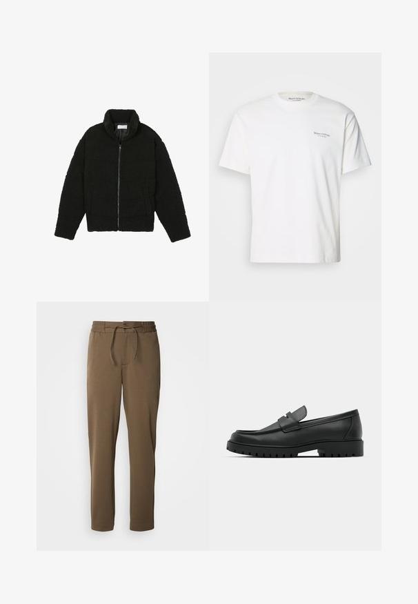 Čierna umelá kožušinová bunda s vysokým golierom, zipsom, elastickými manžetami a prešívaným dizajnom. Má bočné vrecká a jemnú textúru.; Biela bavlnená tričko so zaobleným výstrihom, krátkymi rukávmi a malým potlačeným logom naľavo na hrudi. Hladká textúra, uvoľnený strih.; Hnedé, zúžené tepláky s elastickým pásom a šnúrkou. Mäkká, hladká textúra, s bočnými vreckami a jednoduchým dizajnom.; Čierne kožené mokasíny s okrúhlou špičkou, s prešitým dizajnom, nízkou platformou a textúrovanou, zúbkovanou gumovou podrážkou.