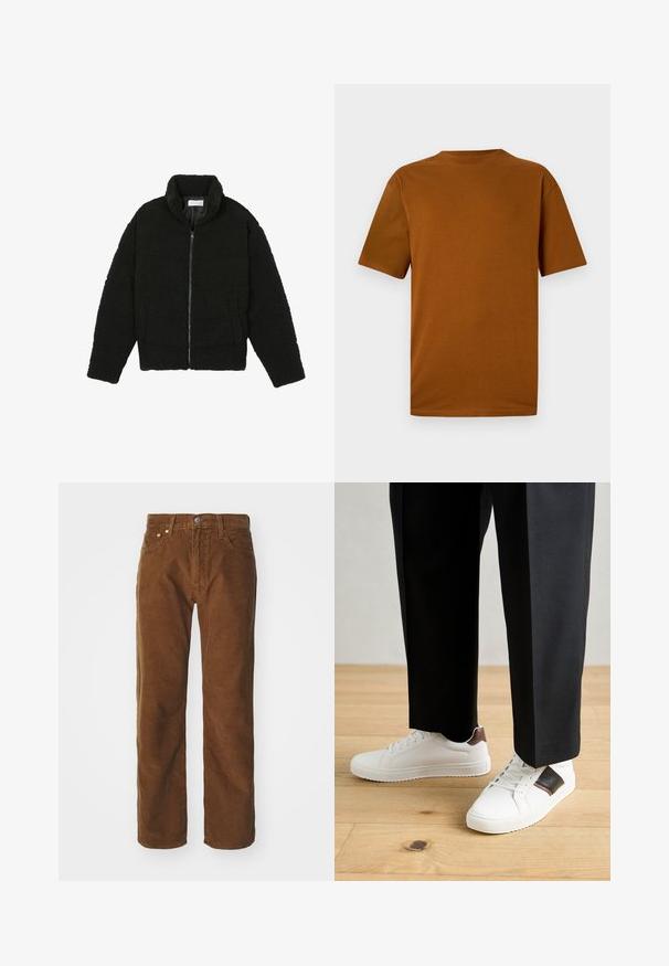 Svart fuskepelsjakke med høy krage, glidelås, elastiske mansjetter og quiltet design. Har sidelommer og en myk tekstur.; T-skjorte med korte ermer i brent oransje bomull. Har rund hals, avslappet passform og glatt tekstur uten mønstre eller dekorasjoner.; Levi's® Jeans straight leg - karla brown; Hvite sneakers med glatt tekstur, med brune skinnakenter og svart detaljer, parret med svarte skreddersydde bukser. Bakgrunn med tregulv.