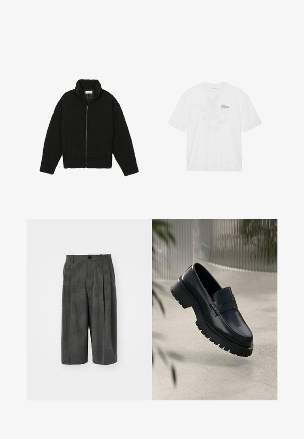 Crna jakna od umjetnog krzna s visokim ovratnikom, zatvaranjem na zip, elastičnim manžetama i kviltanim dizajnom. Sadrži bočne džepove i mekanu teksturu.; Bijela pamučna majica s kratkim rukavima, koja sadrži prednji ispis s natpisom "Uzleti u Tranquility" u crnoj i zelenoj boji.; Sive prugaste široke kratke hlače s zatvaranjem na gumb i nabranim prednjim dijelom. Izrađene od teksturirane tkanine, s krojem po mjeri.; Crne kožne mokasine s debelim đonom, s dekorativnom trakom i detaljima šivanja. Glatka tekstura s sjajnim finišem.