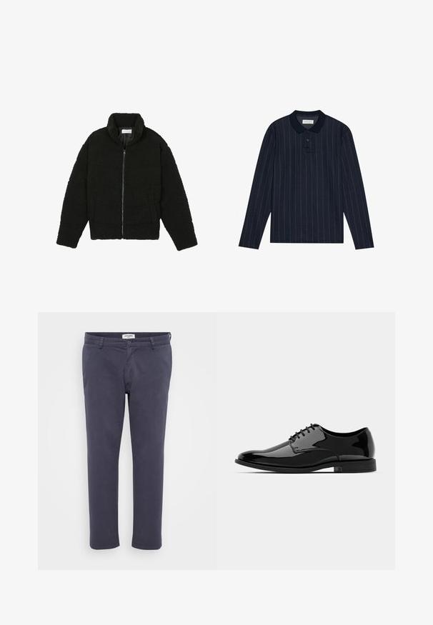 Casaco de pelo sintético preto com gola alta, fecho de zip, punhos elásticos e um design acolchoado. Apresenta bolsos laterais e uma textura suave.; Polo de manga longa azul-marinho com collar, apresentando finas riscas verticais e abertura com três botões. Textura de tecido suave.; Calças azul-marinho feitas de um tecido suave com ajuste slim, apresentando bolsos frontais, fecho com botão e um acabamento limpo na barra.; Sapata de vestido em pele envernizada preta com biqueira arredondada, design com atacadores e superfície lisa e brilhante. Apresenta uma sola de borracha de perfil baixo.