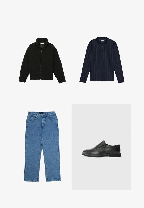 Μαύρη ψεύτικη γούνα τζάκετ με ψηλό γιακά, φερμουάρ, ελαστικούς καρπούς και σχεδίαση με κουβέρτα. Περιλαμβάνει πλαϊνές τσέπες και μαλακή υφή.; Ναυτικό μακρυμάνικο πόλο μπλουζάκι με γιακά, με λεπτές κατακόρυφες ρίγες και τριπλό κουμπί. Μαλακό ύφασμα.; Μπλε τζιν παντελόνι με ίσια γραμμή, διαθέτοντας πέντε τσέπες, κλείσιμο με κουμπί και θηλιές ζώνης. Το ύφασμα έχει υφή.; Μαύρο δερμάτινο παπούτσι χωρίς κορδόνια με λείο επάνω μέρος, ραφές, στρογγυλή μύτη και χαμηλό λάστιχο τακούνι. Η σόλα διαθέτει ελάχιστο σχέδιο.