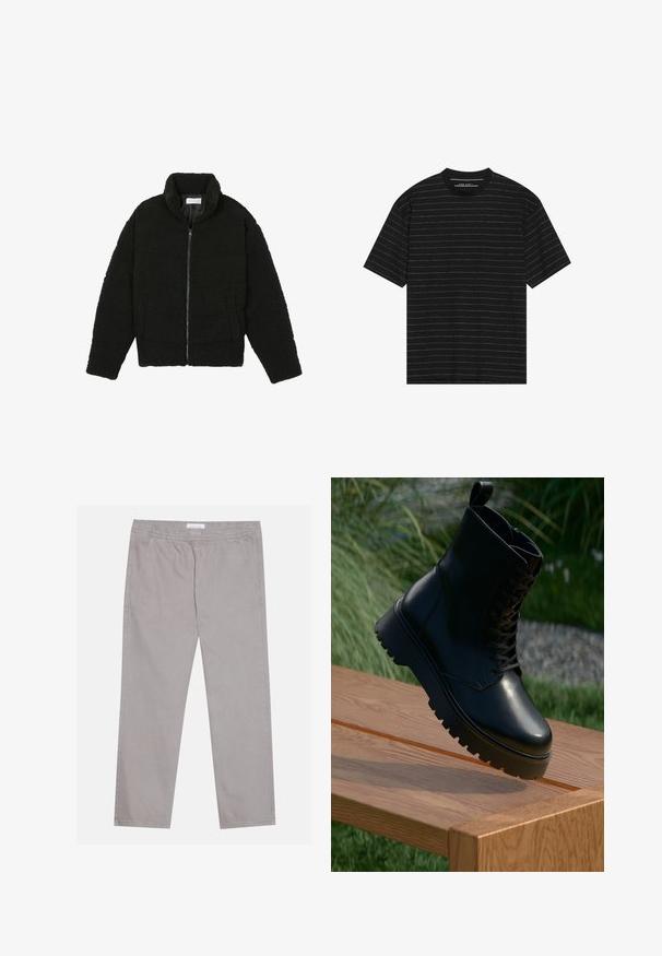 Chaqueta de pelaje sintético negro con cuello alto, cierre de cremallera, puños elásticos y un diseño acolchado. Cuenta con bolsillos laterales y una textura suave.; Camiseta negra de manga corta con finas rayas horizontales blancas. Confeccionada en una tela suave, cuenta con un cuello redondo y un corte relajado.; Pantalones de algodón gris claro con cinturilla elástica, dos bolsillos laterales, diseño de pierna recta y textura suave. Detalle de costura simple.; Botín de cuero negro hasta el tobillo con superficie texturizada, parte delantera con cordones y suela gruesa estriada. Exhibido sobre una superficie de madera con fondo de césped.