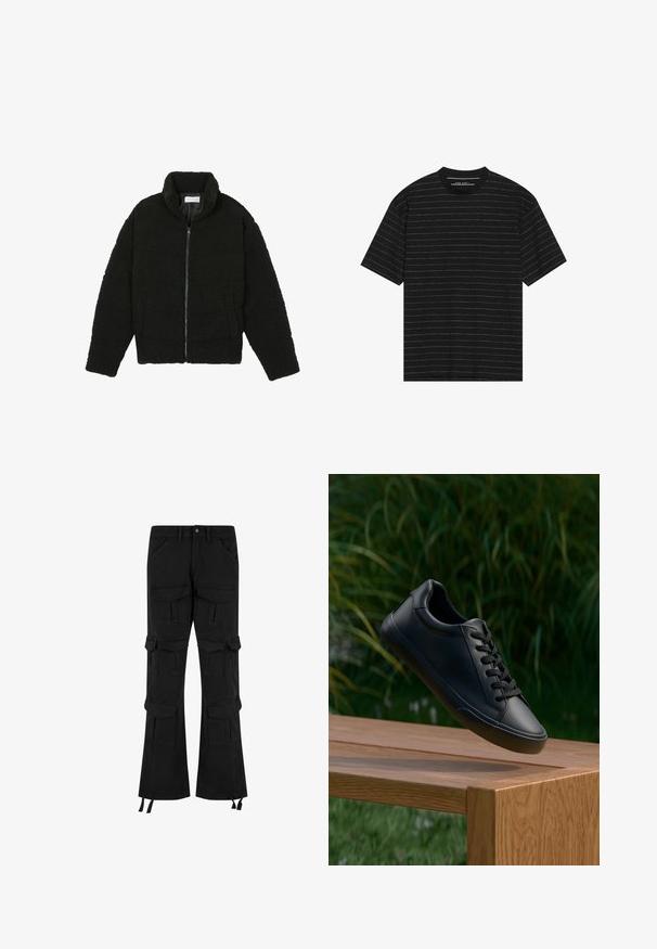 Zwarte faux fur jas met een hoge kraag, ritssluiting, elastische manchetten en een doorgestikt ontwerp. Beschikt over zijzakken en een zachte textuur.; Zwarte t-shirt met korte mouwen en smalle witte horizontale strepen. Gemaakt van zachte stof met een ronde hals en een relaxte pasvorm.; Zwarte cargobroek van denim, met meerdere zakken, een wijde pijpdesign en verstelbare trekkoorden aan de zoom.; Zwarte leren sneaker met een gladde textuur, ronde neus, en platte veters, geplaatst boven een houten oppervlakte met groene gras op de achtergrond.