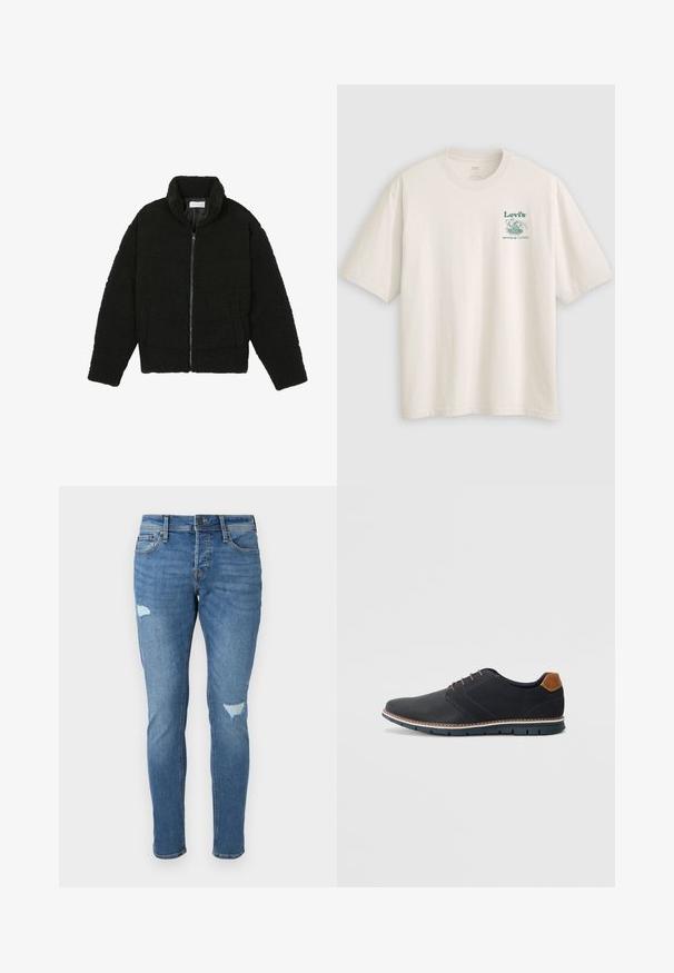 Fekete műszőrme dzseki magas gallérral, cipzáros záródással, rugalmas mandzsettákkal és steppelt mintázattal. Oldalsó zsebekkel rendelkezik, és puha tapintású.; Fehér, rövid ujjú pamut póló, bal mellrészen zöld Lev's logóval és felirattal. Laza szabás, sima tapintású anyag.; Fakó kék farmernadrág, slim fit szabással, térdnél kopott területekkel, gombos záródással és öt zsebbel.; Fekete szintetikus cipők, textúrált felsőrésszel, sima díszítésekkel, barna sarkával és kontrasztos talppal. Minimális fűzéssel és varrási részletekkel rendelkezik.