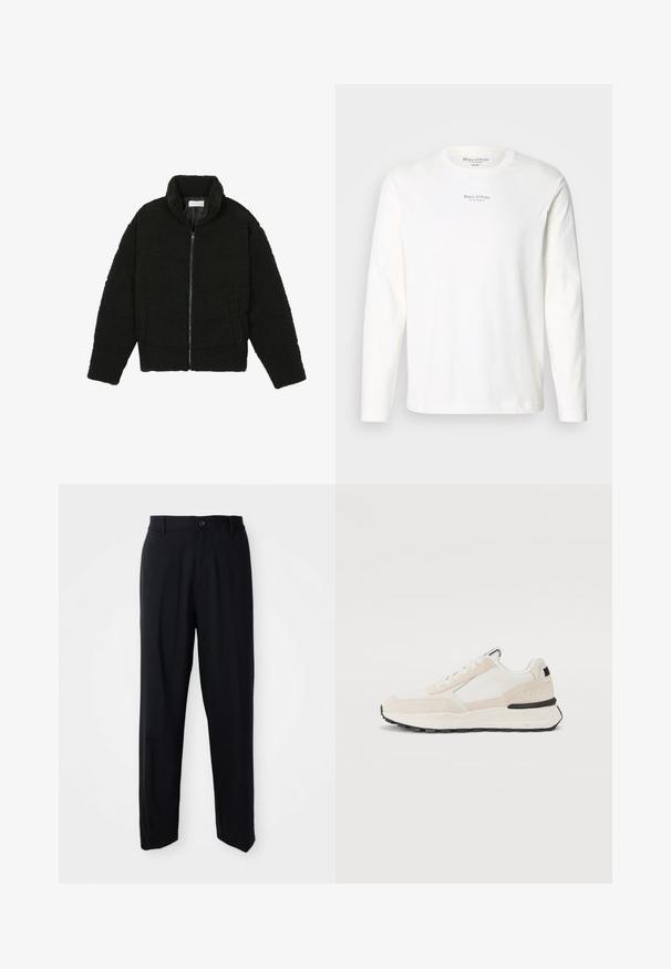 Zwarte faux fur jas met een hoge kraag, ritssluiting, elastische manchetten en een doorgestikt ontwerp. Beschikt over zijzakken en een zachte textuur.; Witte katoenen t-shirt met lange mouwen. Heeft een ronde hals en kleine zwarte logo-tekst in het midden op de borst. Zachte textuur, casual ontwerp.; Zwarte rechte broek met riemlussen, knoopsluiting en een strakke, minimalistische uitstraling op een neutrale achtergrond.; Witte en beige sneakers gemaakt van suede en mesh, met een gelaagd ontwerp, zwarte zool en subtiele branding op de hak.