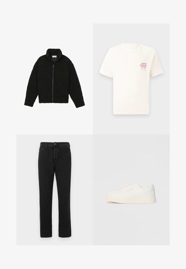 Črna jakna iz umetnega krzna z visokim ovratnikom, z zadrgo, elastičnimi manšetami in kviltanim dizajnom. Ima stranske žepke in mehak tekstur.; Bela majica s kratkimi rokavi z rdečim napisom "Studio Originals Edition" na levi strani prsnega koša, prikazana na nevtralnem sivo backgroundu.; Črne denim hlače ravnega kroja z gumbom in zadrgo spredaj, zankami za pas in zasnovo s petimi žepi, prikazane na beli podlagi.; Bele zapete brez vezalk z teksturirano površino, debelim podplatom in minimalističnim dizajnom. Na strani se nahaja logotip blagovne znamke.
