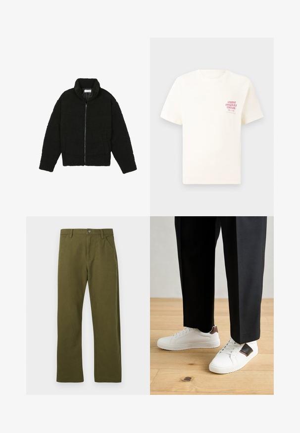 Fekete műszőrme dzseki magas gallérral, cipzáros záródással, rugalmas mandzsettákkal és steppelt mintázattal. Oldalsó zsebekkel rendelkezik, és puha tapintású.; Fehér, rövid ujjú póló, bal mellen piros szöveggel "Studio Originals Edition", semleges szürke háttér előtt.; Zöld pamutnadrág egyenes szabással, elülső zsebekkel, fémből készült gombzárral és finom varrási részletekkel.; Fehér sneaker, sima textúrával, barna bőr díszítéssel és fekete részletekkel, fekete szabott nadrággal párosítva. Fából készült padló háttér.