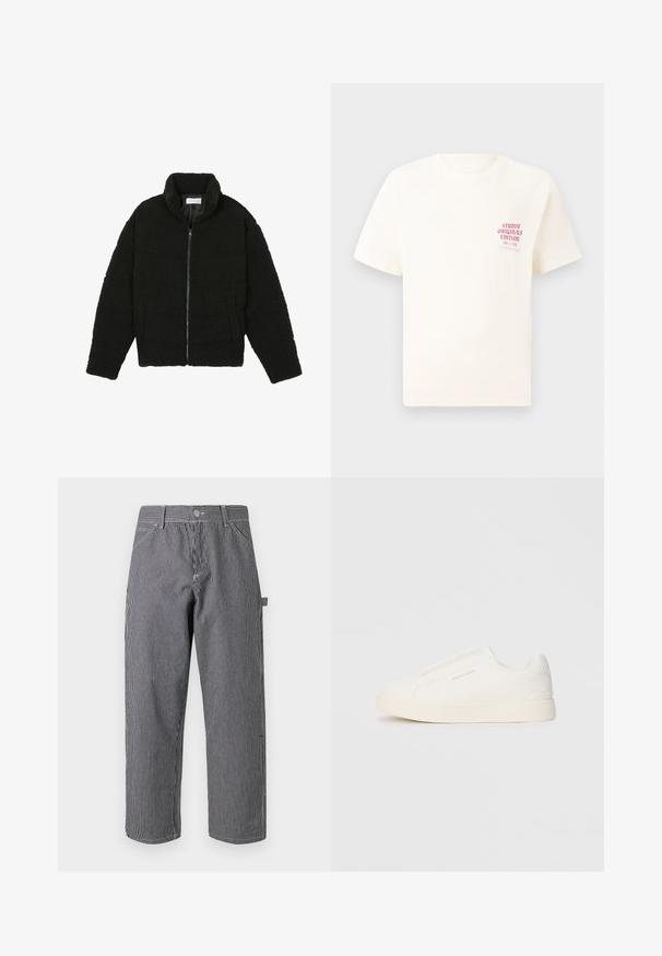 Svart fuskepelsjakke med høy krage, glidelås, elastiske mansjetter og quiltet design. Har sidelommer og en myk tekstur.; Hvit T-skjorte med korte ermer og rød tekst "Studio Originals Edition" på venstre bryst, vist på en nøytral grå bakgrunn.; Stripete bukser laget av bomullsblandingsstoff, med vertikale sorte og hvite striper, knappelukking og sidelommer.; Hvite slip-on joggesko med teksturert overflate, tykk såle og minimalistisk design. Har merkevarelogo på siden.