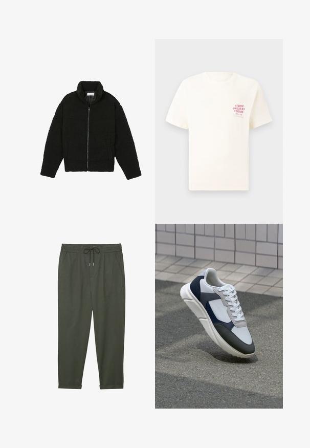 Schwarze Kunstpelzjacke mit hohem Kragen, Reißverschluss, elastischen Bündchen und gestepptem Design. Verfügt über seitliche Taschen und eine weiche Textur.; Weißes T-Shirt mit kurzen Ärmeln und rotem Text "Studio Originals Edition" auf der linken Brust, präsentiert vor einem neutralen grauen Hintergrund.; Dunkelgrüne, leichte, gerade Hosen mit elastischem Bund, Kordelzug, seitlichen Taschen und umgeschlagenen Säumen. Glatte Textur.; Weißer, marineblauer und grauer Sneaker mit einem Materialmix-Design, das ein strukturiertes Obermaterial, flache Schnürsenkel und eine gepolsterte Sohle aufweist.