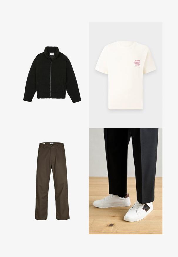 Juoda dirbtinė kailio striukė su aukštu apykakle, užtrauktuku, elastingomis rankovėmis ir siuvinėtu raštu. Su šoninėmis kišenėmis ir švelnia tekstūra.; Balta trumpa rankovėmis marškinėliai su raudonu užrašu "Studio Originals Edition" kairiajame krūtinės šone, rodomi neutralioje pilkoje aplinkoje.; Tamsiai rudi chinosai su tiesia kojų konstrukcija, pagaminti iš tvirtos medžiagos. Yra mygtuko užsegimas ir priekinės kišenės. Lygus paviršius.; Balti sportbačiai su glotnia danga, puošti rudais odiniais akcentais ir juodais detalėmis, derinami su juodais pritaikytais kelnėmis. Medinių grindų fonas.