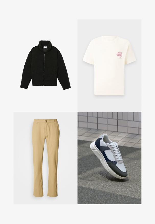 Schwarze Kunstpelzjacke mit hohem Kragen, Reißverschluss, elastischen Bündchen und gestepptem Design. Verfügt über seitliche Taschen und eine weiche Textur.; Weißes T-Shirt mit kurzen Ärmeln und rotem Text "Studio Originals Edition" auf der linken Brust, präsentiert vor einem neutralen grauen Hintergrund.; Beige Hose mit geradem Bein, Knopfverschluss und subtiler Stofftextur. Keine Muster oder zusätzliche Beschläge sichtbar.; Weißer, marineblauer und grauer Sneaker mit einem Materialmix-Design, das ein strukturiertes Obermaterial, flache Schnürsenkel und eine gepolsterte Sohle aufweist.