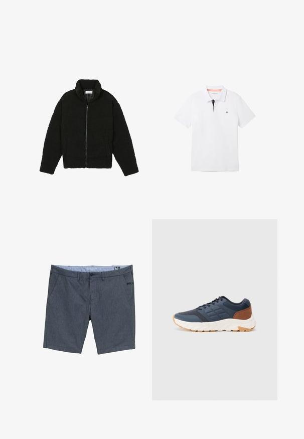 Giacca in pelliccia sintetica nera con colletto alto, chiusura con zip, polsini elasticizzati e design trapuntato. Presenta tasche laterali e una consistenza morbida.; Polo bianca con colletto nero e rifiniture arancioni, maniche corte e un piccolo logo sul petto. Realizzata in un mistura di cotone traspirante.; Pantaloni corti blu navy realizzati in tessuto texturizzato. Presentano due tasche laterali, una chiusura con bottone e un piccolo tag decorativo sul fronte.; Scarpe da ginnastica blu navy con accentuazione del tacco marrone, tomaia in rete testurizzata, collo imbottito e suola in gomma bianca con battistrada a motivo.