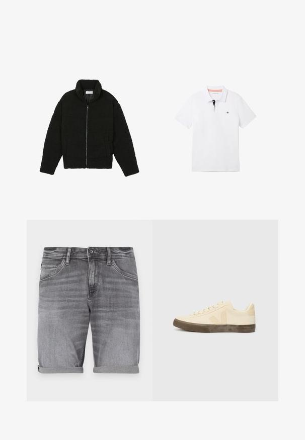 Sort faux fur jakke med høj krave, lynlås lukning, elastiske ærmer og et quiltet design. Har sidelommer og en blød tekstur.; Hvid polo-shirt med sort krave og orange kant, korte ærmer og et lille logo på brystet. Fremstillet af åndbart bomuldsblanding.; Grå denimshorts med en let falmet finish, rullekanter, fem-lomme design og metalknaplukning i taljen.; Beige lærredssko med rund tå, flade snørebånd og struktureret brun gummisål. Har et logo på siden og et minimalistisk design.