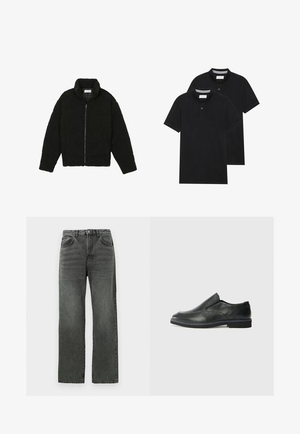 Črna jakna iz umetnega krzna z visokim ovratnikom, z zadrgo, elastičnimi manšetami in kviltanim dizajnom. Ima stranske žepke in mehak tekstur.; Dve črne polo majice, kratke rokave, iz bombažnega materiala, z klasik ovratnikom, dvobodno zaponko in belimi črtkami znotraj ovratnika.; Naravne črne kavbojke s ravnimi nogavicami in sprednjim gumbom ter žepi, prikazane na ravni beli podlagi.; Črne usnjene natikače z gladkim zgornjim delom, prišitimi detajli, zaobljenim nosom in nizkim gumijastim petkom. Podplat ima minimalen profil.