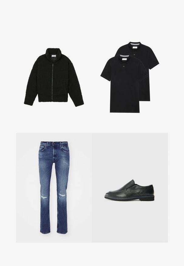 Must must karusnahast jakk kõrge kraega, lukuga sulgemine, elastsed varrukad ja tikandmuster. Omab küljetaskuid ja pehmet tekstuuri.; Kaks musta polo särki, lühikeste varrukatega, puuvillane materjal, klassikalise kraega, kahe nupuga kinnitusega, valgete triipudega krae sisepinnal.; Tumed sinine teksapüksid sirge jala lõikega, kulumise jälgedega põlvede kohal, viie taskuga ning nööpidega vöökoht.; Must musta laia suuga king, millel on sile ülemine osa, õmmeldud detailid, ümmargune nina ja madal kummist konts. Tallal on minimaalne mustr.