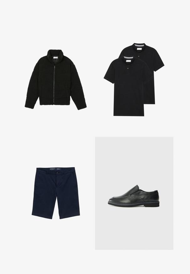 Svart fuskepelsjakke med høy krage, glidelås, elastiske mansjetter og quiltet design. Har sidelommer og en myk tekstur.; To svarte polo skjorter, kortermet, i bomullsmateriale, med krage i klassisk stil, to-knapps knappestolpe, og hvite striper inni kragen.; Mørkeblå shorts laget av bomullsblanding, med knappeåpning, sidelommer og rett ben-design. Størrelse M etikett synlig.; Sorte skinn slip-on sko med en jevn overflate, stikking detaljer, rund tå og en lav gummihæl. Sålen har minimal mønstring.